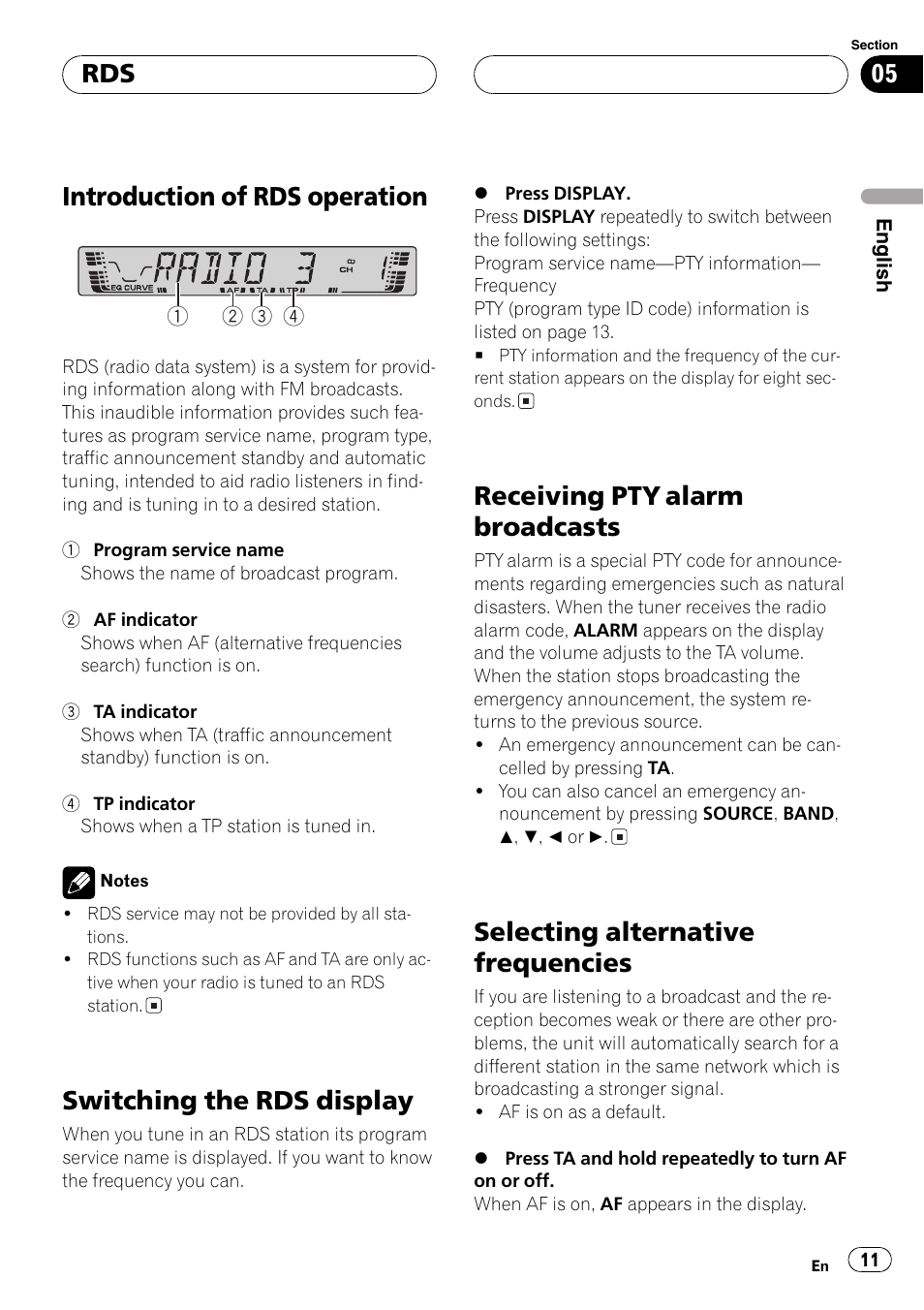 Introduction of rds operation, Switching the rds display, Receiving pty alarm broadcasts | Selecting alternative frequencies | Pioneer DEH-4700MP User Manual | Page 11 / 100