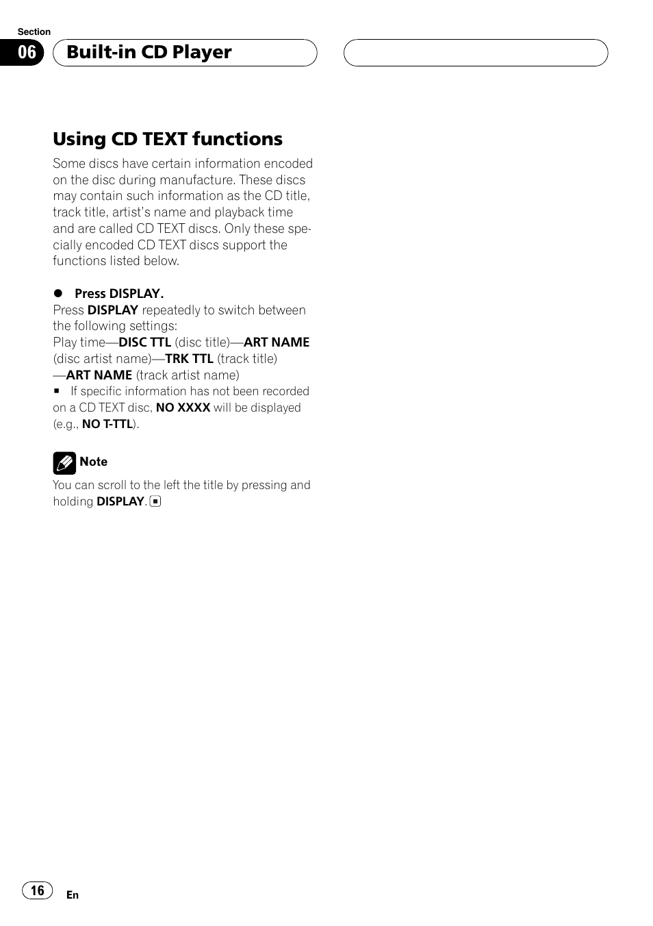 Using cd text functions 16, Using cd text functions, Built-in cd player | Pioneer DEH-4700MP User Manual | Page 16 / 100