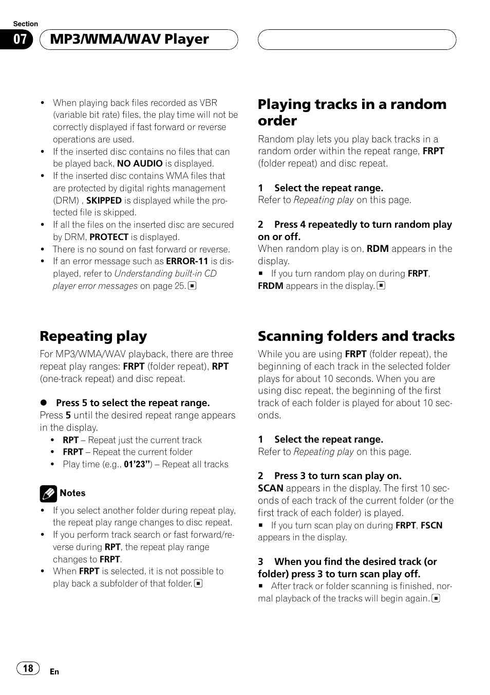 Repeating play, Playing tracks in a random order, Scanning folders and tracks | Mp3/wma/wav player | Pioneer DEH-4700MP User Manual | Page 18 / 100