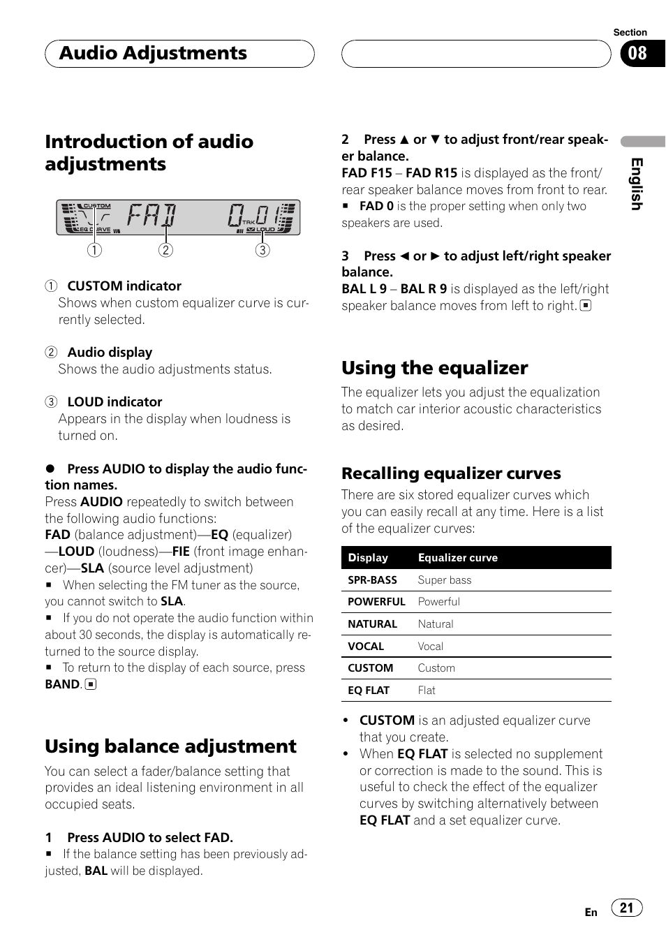 Recalling equalizer curves 21, Introduction of audio adjustments, Using balance adjustment | Using the equalizer, Audio adjustments, Recalling equalizer curves | Pioneer DEH-4700MP User Manual | Page 21 / 100