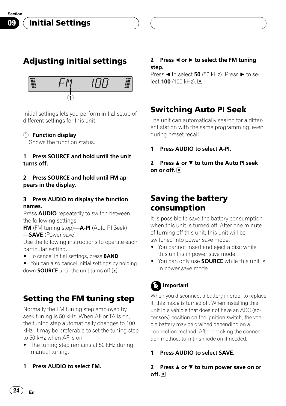 Initial settings adjusting initial settings 24, Adjusting initial settings, Setting the fm tuning step | Switching auto pi seek, Saving the battery consumption, Initial settings | Pioneer DEH-4700MP User Manual | Page 24 / 100