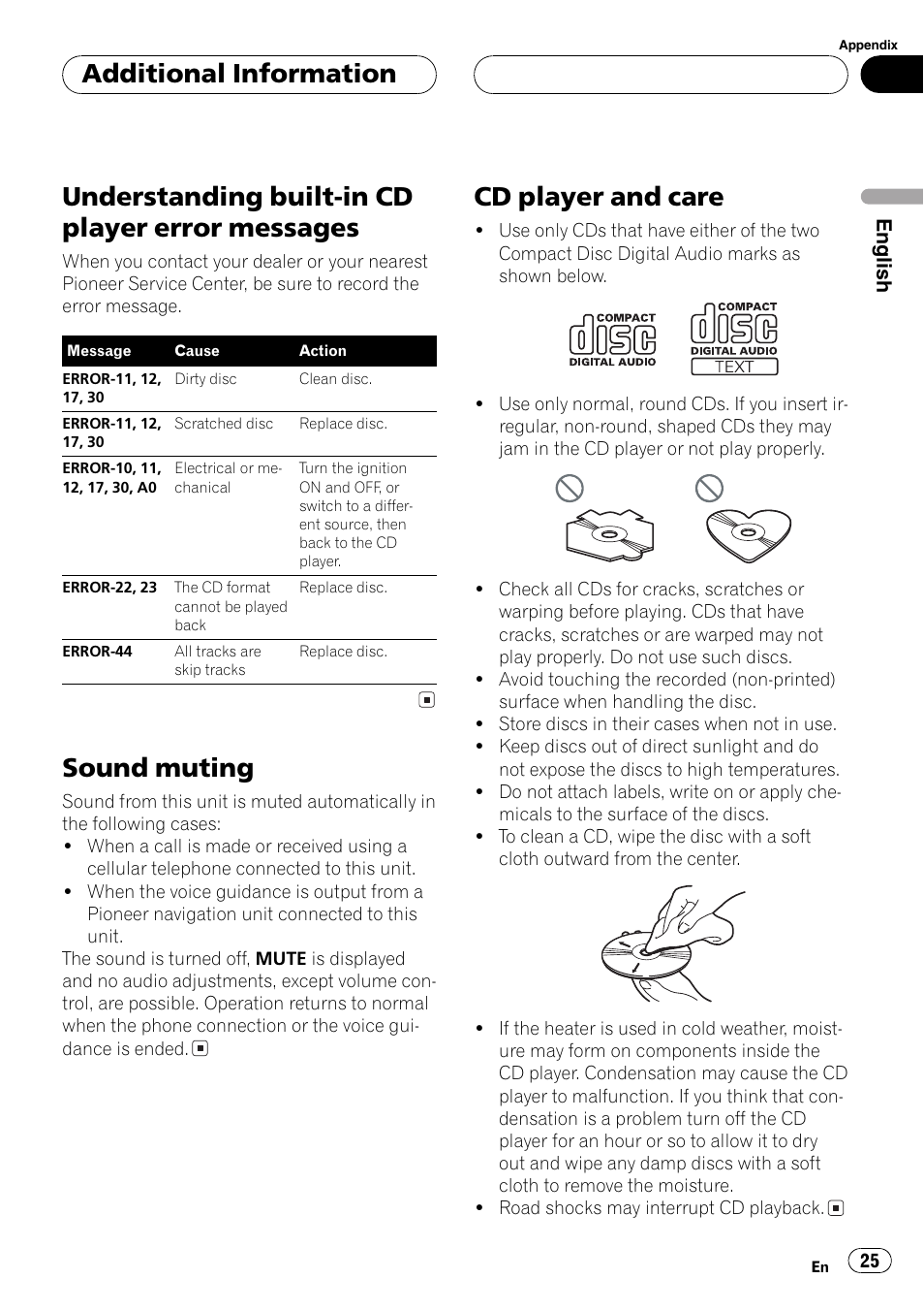 Messages 25, Sound muting 25 cd player and care 25, Understanding built-in cd player error messages | Sound muting, Cd player and care, Additional information | Pioneer DEH-4700MP User Manual | Page 25 / 100