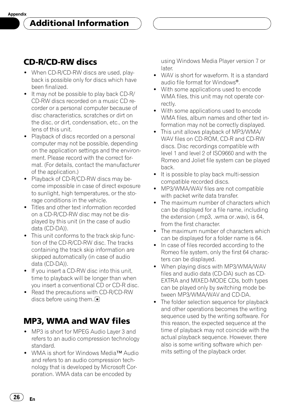 Cd-r/cd-rw discs 26 mp3, wma and wav files 26, Cd-r/cd-rw discs, Mp3, wma and wav files | Additional information | Pioneer DEH-4700MP User Manual | Page 26 / 100