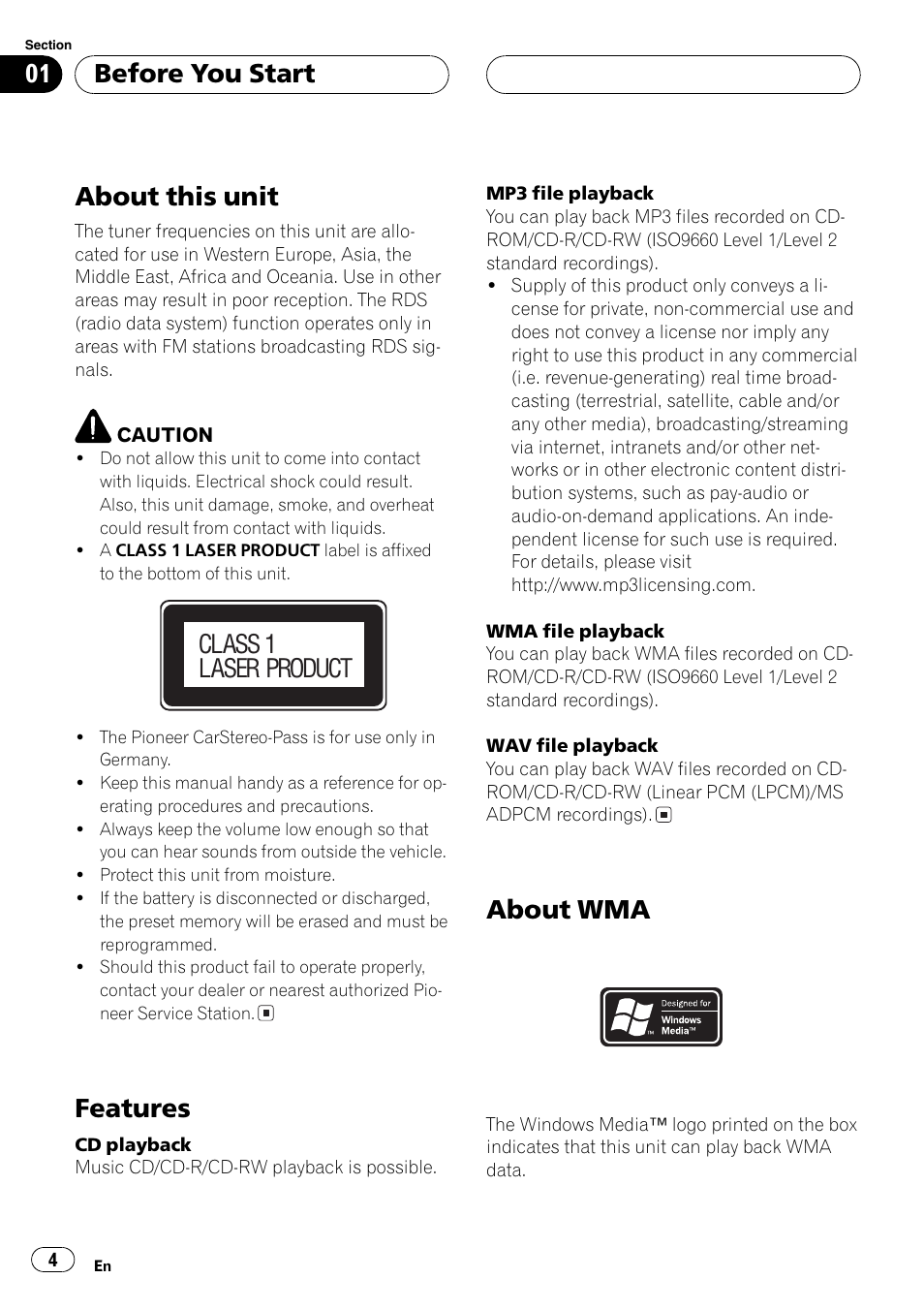 About this unit, Features, About wma | Before you start, Class 1 laser product | Pioneer DEH-4700MP User Manual | Page 4 / 100