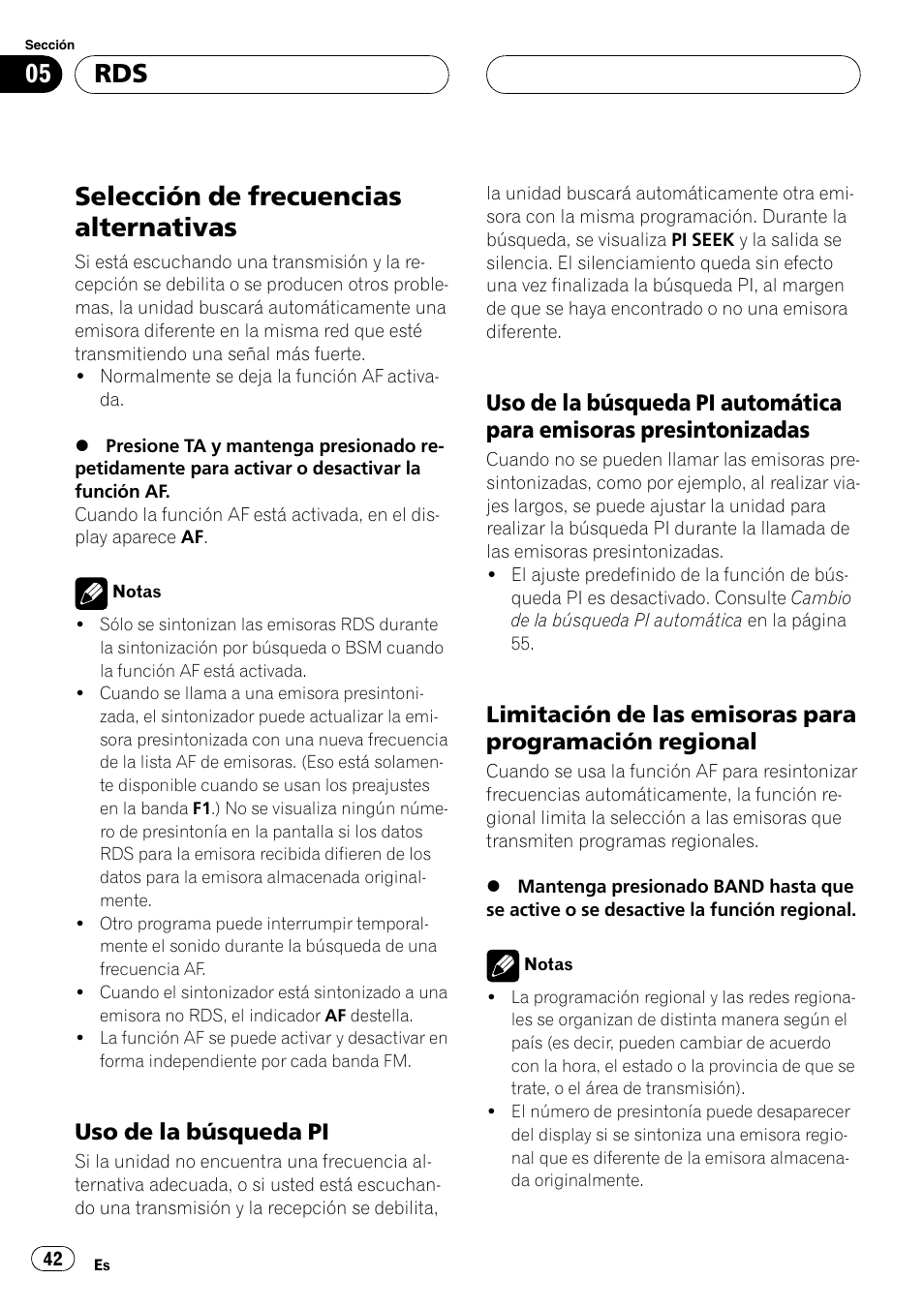 Selección de frecuencias alternativas 42, Uso de la búsqueda pi 42, Uso de la búsqueda pi automática | Para emisoras presintonizadas 42, Limitación de las emisoras para, Programación regional 42, Selección de frecuencias alternativas, Uso de la búsqueda pi | Pioneer DEH-4700MP User Manual | Page 42 / 100