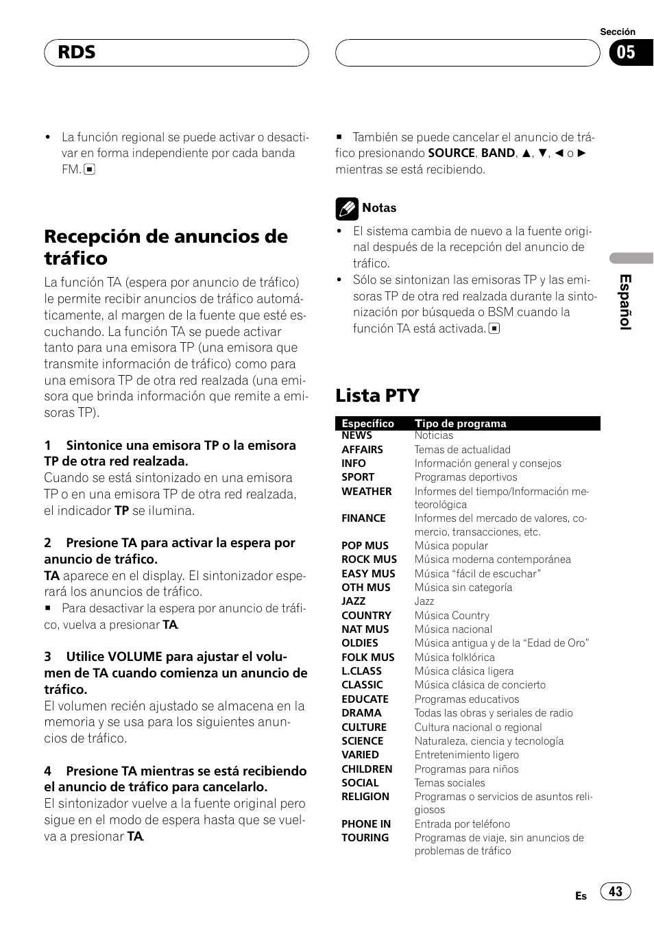 Recepción de anuncios de tráfico 43 lista pty 43, Recepción de anuncios de tráfico, Lista pty | Español | Pioneer DEH-4700MP User Manual | Page 43 / 100