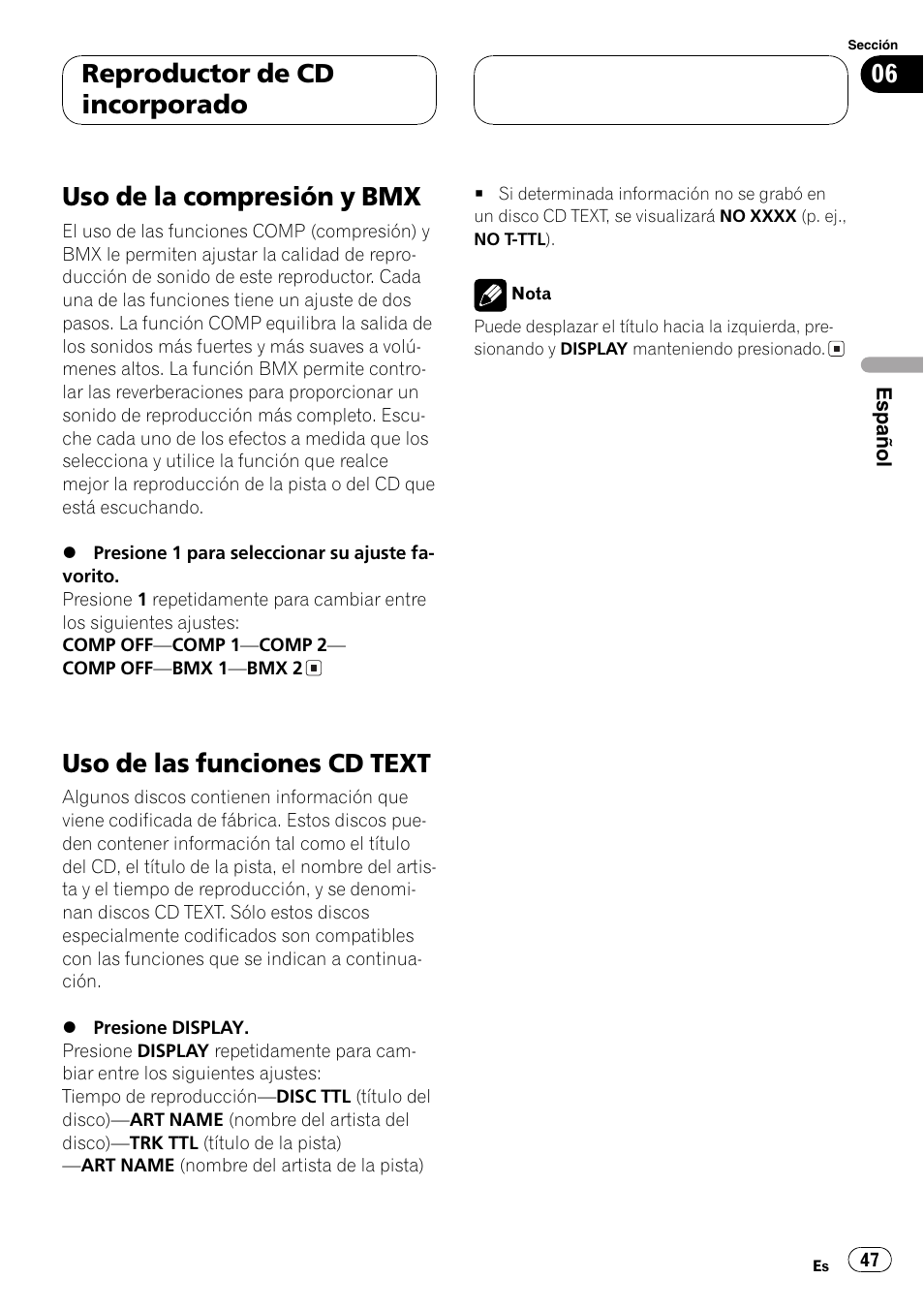 Uso de la compresión y bmx, Uso de las funciones cd text, Reproductor de cd incorporado | Pioneer DEH-4700MP User Manual | Page 47 / 100