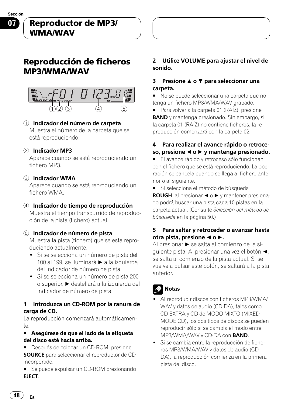 Wav 48, Reproducción de ficheros mp3/wma/wav, Reproductor de mp3/ wma/wav | Pioneer DEH-4700MP User Manual | Page 48 / 100