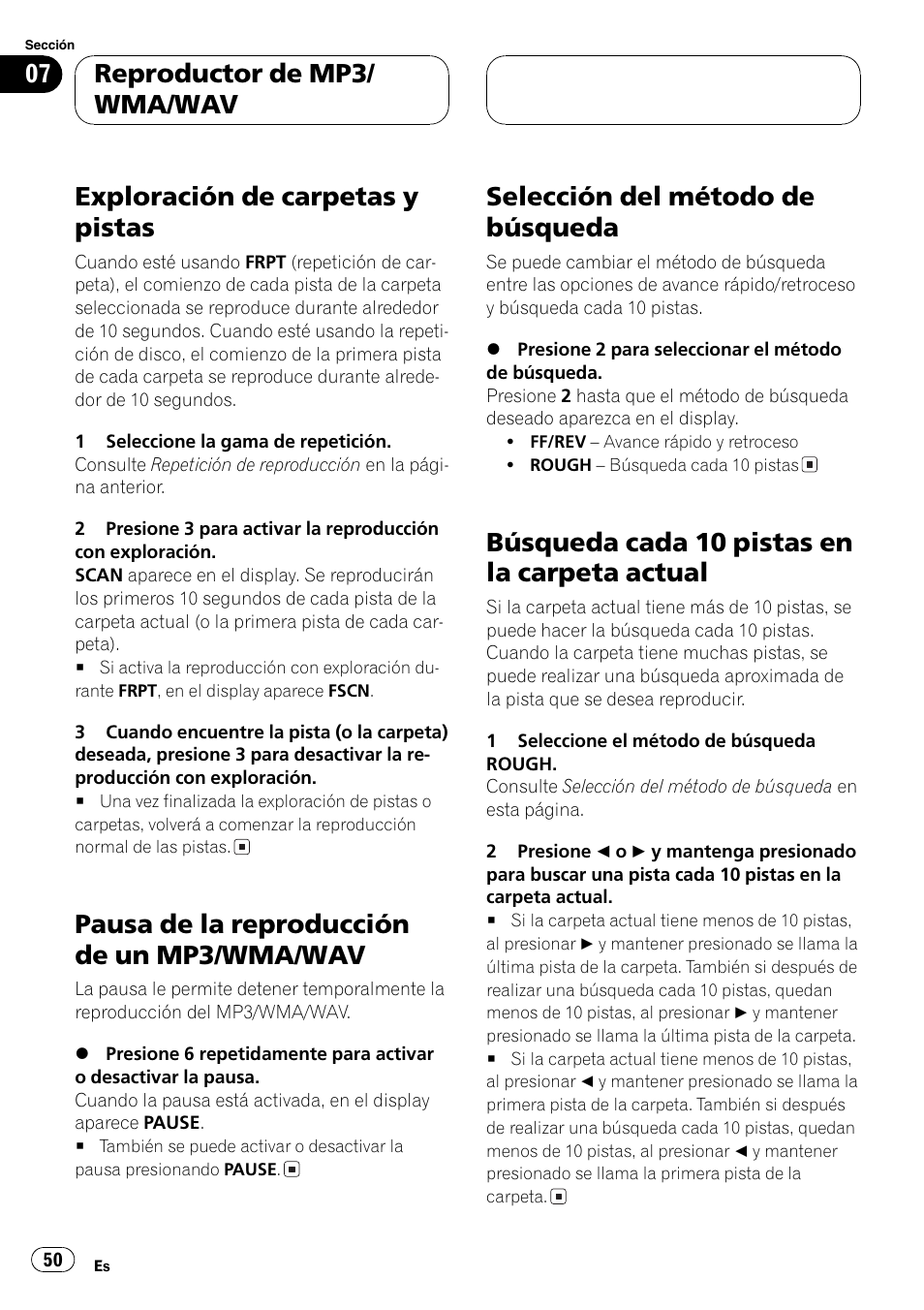 Wav 50, Actual 50, Exploración de carpetas y pistas | Pausa de la reproducción de un mp3/wma/wav, Selección del método de búsqueda, Búsqueda cada 10 pistas en la carpeta actual, Reproductor de mp3/ wma/wav | Pioneer DEH-4700MP User Manual | Page 50 / 100