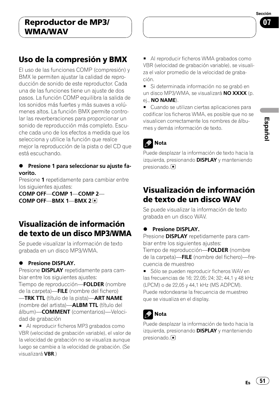 Disco mp3/wma 51, Visualización de información de texto de un, Disco wav 51 | Uso de la compresión y bmx, Reproductor de mp3/ wma/wav | Pioneer DEH-4700MP User Manual | Page 51 / 100
