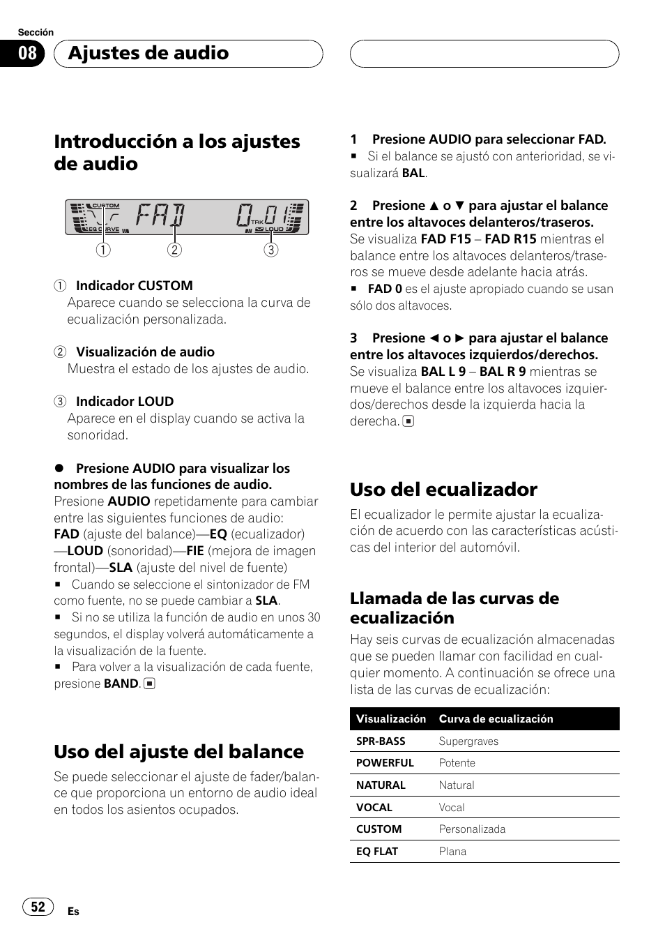 Llamada de las curvas de, Ecualización 52, Introducción a los ajustes de audio | Uso del ajuste del balance, Uso del ecualizador, Ajustes de audio, Llamada de las curvas de ecualización | Pioneer DEH-4700MP User Manual | Page 52 / 100