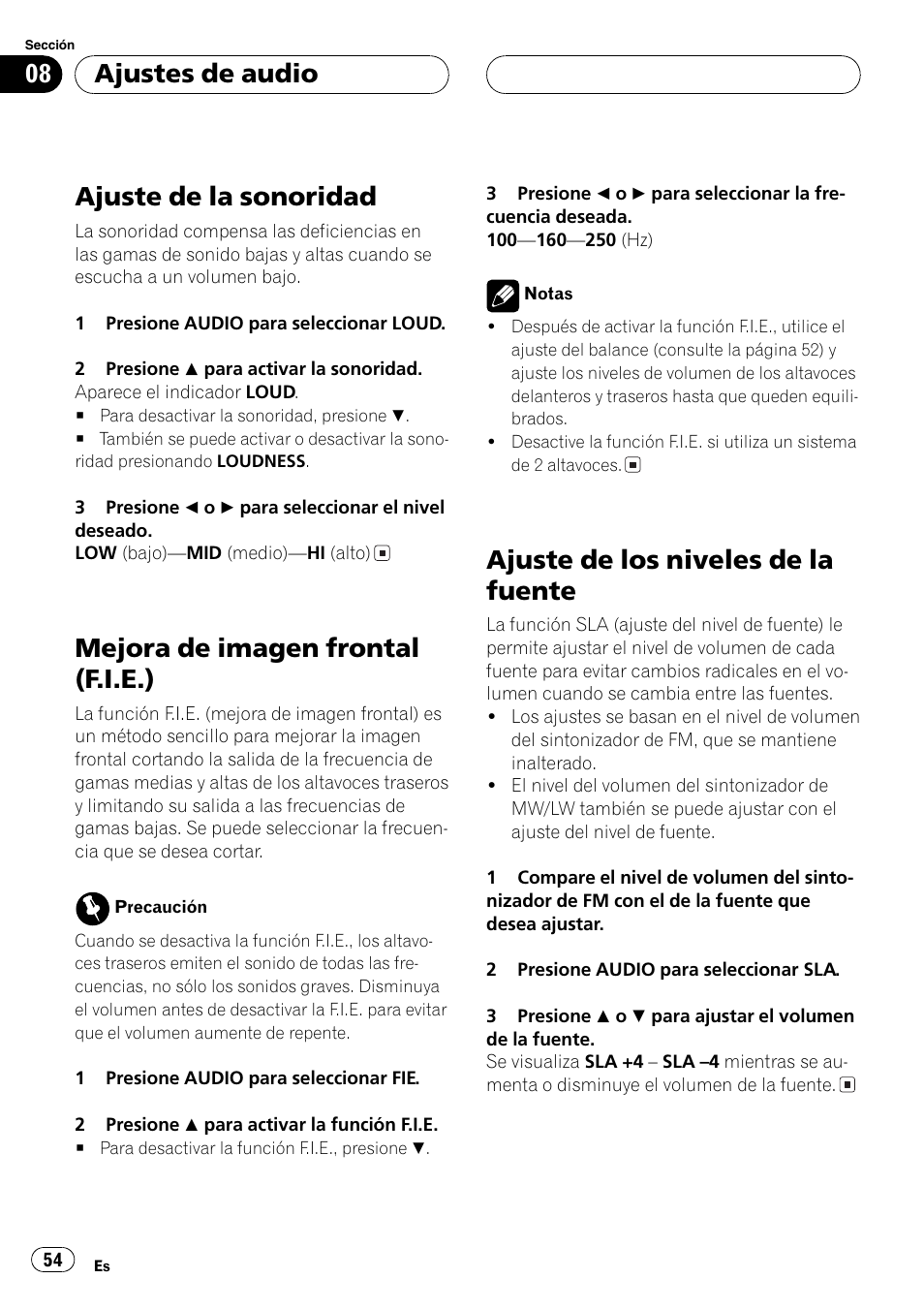 Ajuste de la sonoridad, Mejora de imagen frontal (f.i.e.), Ajuste de los niveles de la fuente | Ajustes de audio | Pioneer DEH-4700MP User Manual | Page 54 / 100