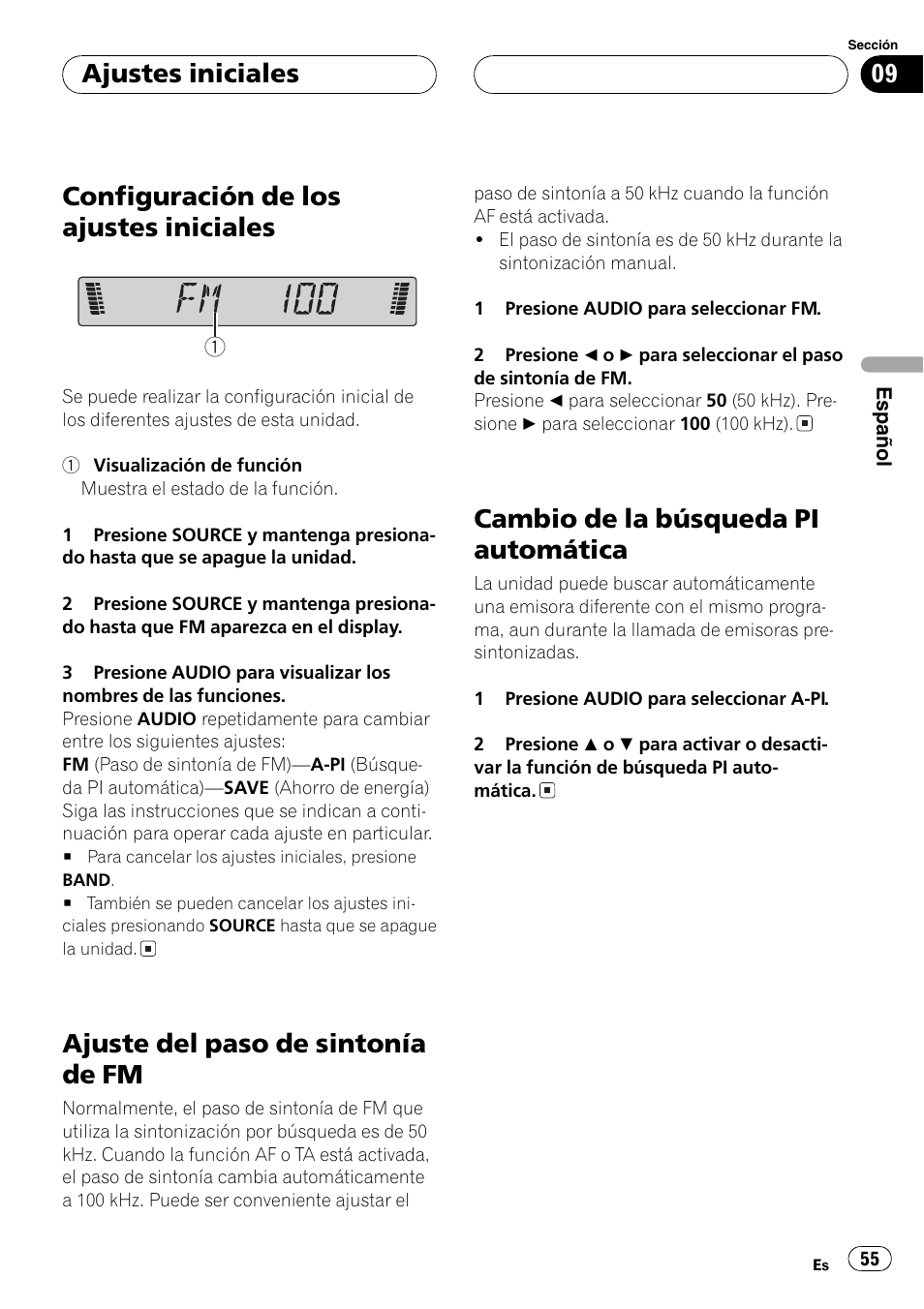 Configuración de los ajustes iniciales, Ajuste del paso de sintonía de fm, Cambio de la búsqueda pi automática | Ajustes iniciales | Pioneer DEH-4700MP User Manual | Page 55 / 100