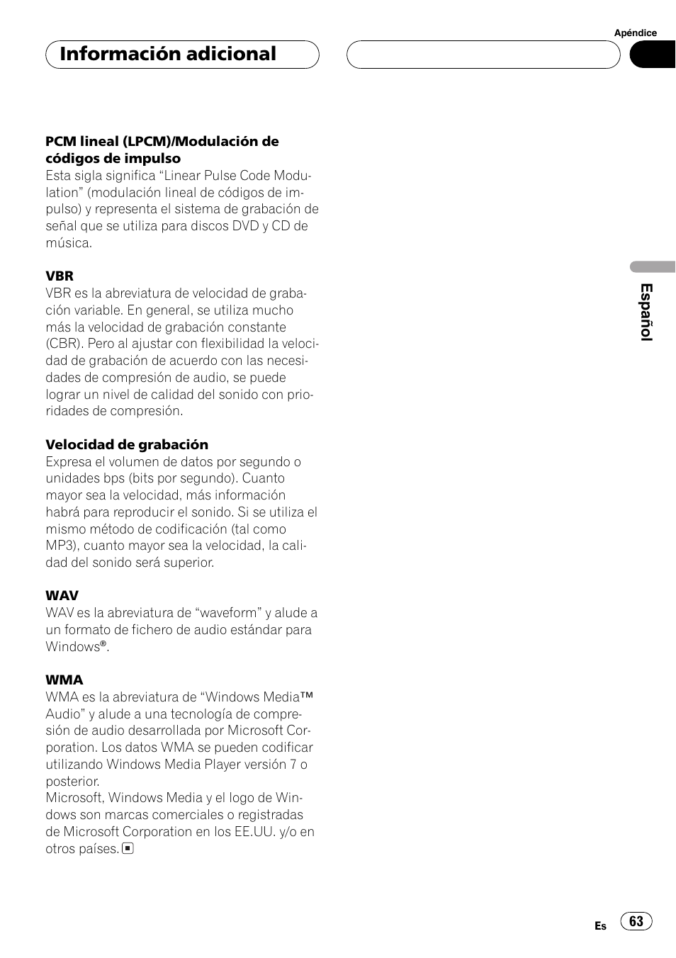 Información adicional | Pioneer DEH-4700MP User Manual | Page 63 / 100