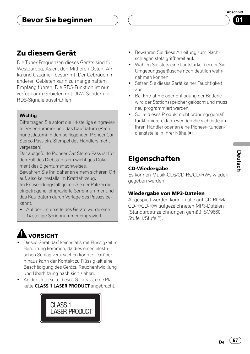 Bevor sie beginnen zu diesem gerät 67, Eigenschaften 67, Zu diesem gerät | Eigenschaften, Bevor sie beginnen, Class 1 laser product | Pioneer DEH-4700MP User Manual | Page 67 / 100