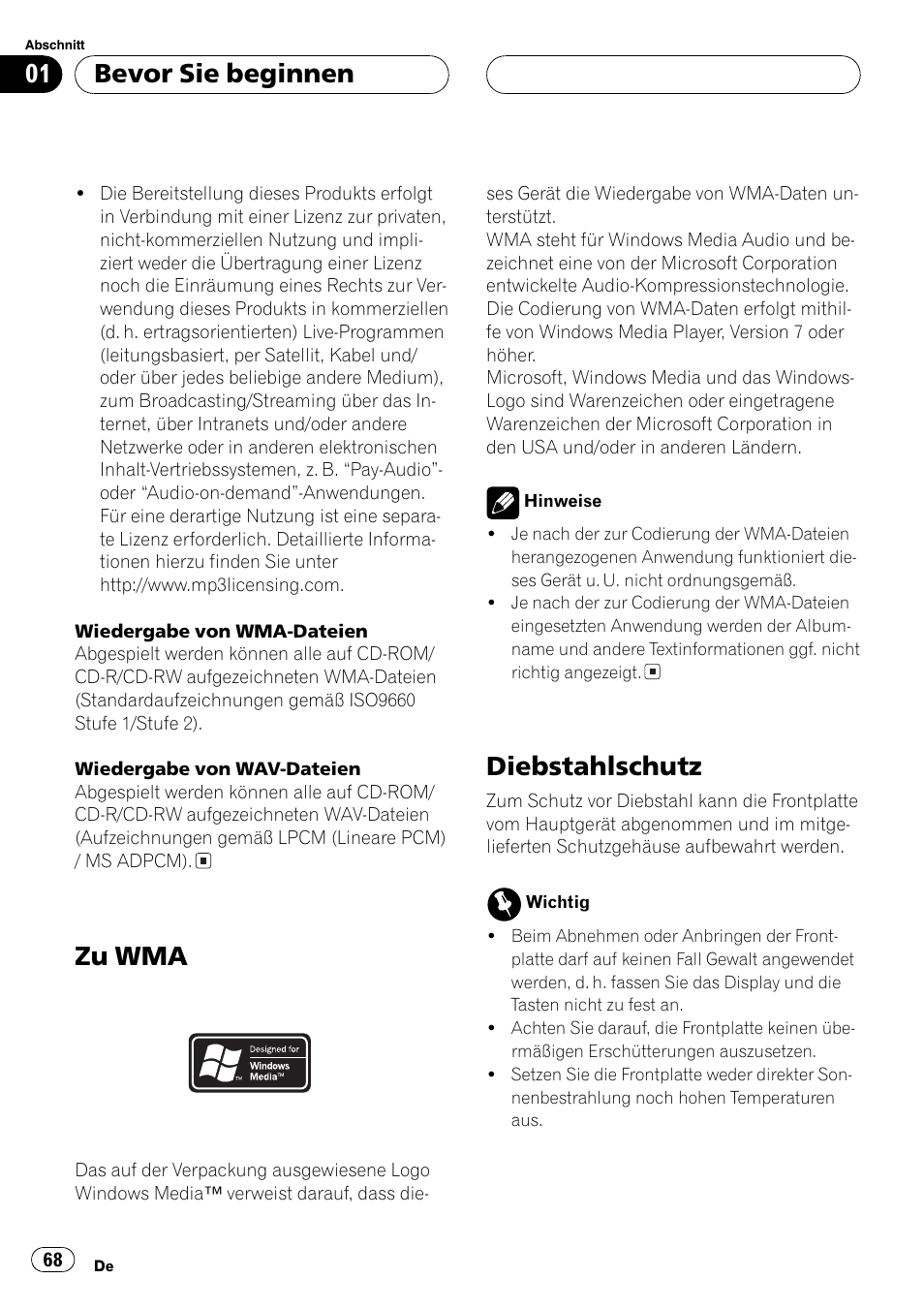 Zu wma 68, Diebstahlschutz 68, Zu wma | Diebstahlschutz, Bevor sie beginnen | Pioneer DEH-4700MP User Manual | Page 68 / 100