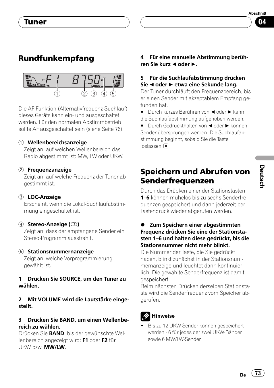 Tuner, Rundfunkempfang 73, Speichern und abrufen von | Senderfrequenzen 73, Rundfunkempfang, Speichern und abrufen von senderfrequenzen | Pioneer DEH-4700MP User Manual | Page 73 / 100