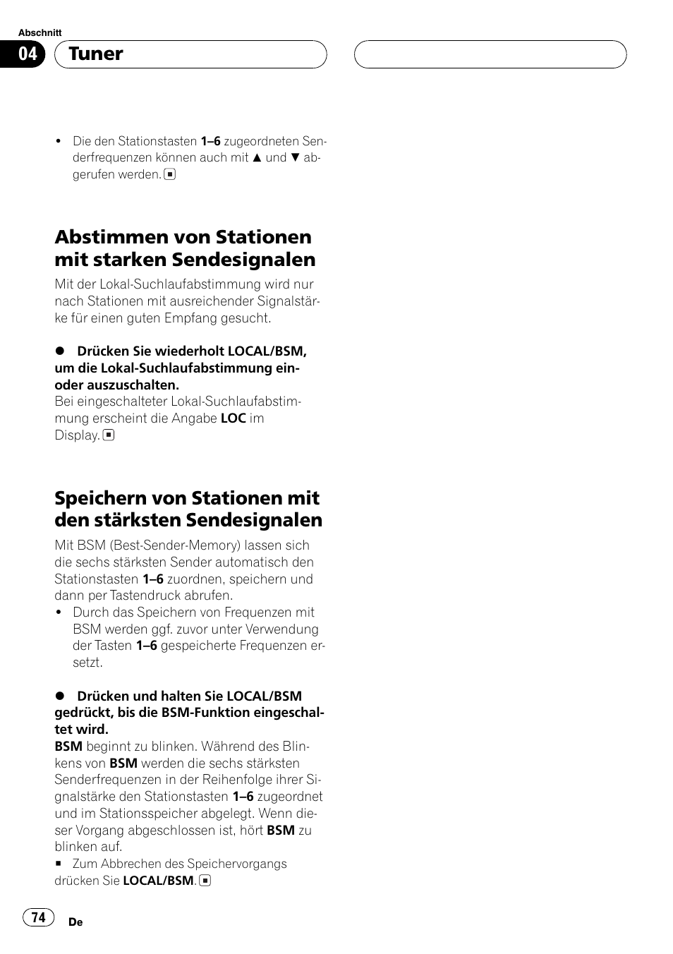 Abstimmen von stationen mit starken, Sendesignalen 74, Speichern von stationen mit den stärksten | Abstimmen von stationen mit starken sendesignalen, Tuner | Pioneer DEH-4700MP User Manual | Page 74 / 100