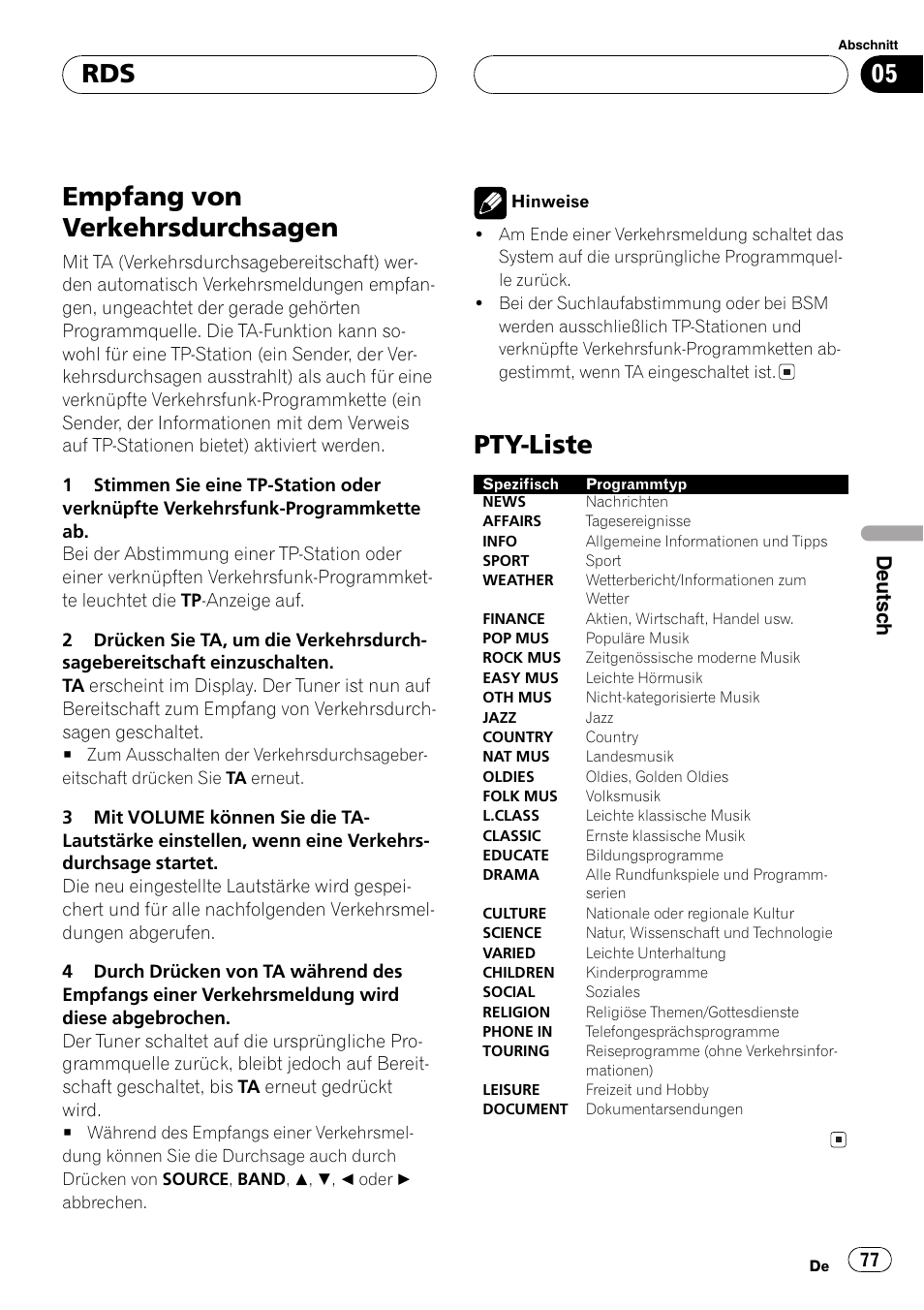 Empfang von verkehrsdurchsagen 77, Pty-liste 77, Empfang von verkehrsdurchsagen | Pty-liste, Deutsch | Pioneer DEH-4700MP User Manual | Page 77 / 100