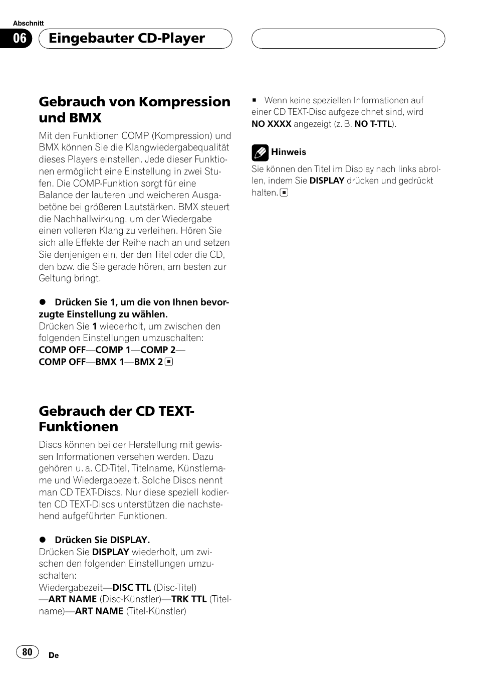 Gebrauch von kompression und bmx 80, Gebrauch der cd text-funktionen 80, Gebrauch von kompression und bmx | Gebrauch der cd text- funktionen, Eingebauter cd-player | Pioneer DEH-4700MP User Manual | Page 80 / 100