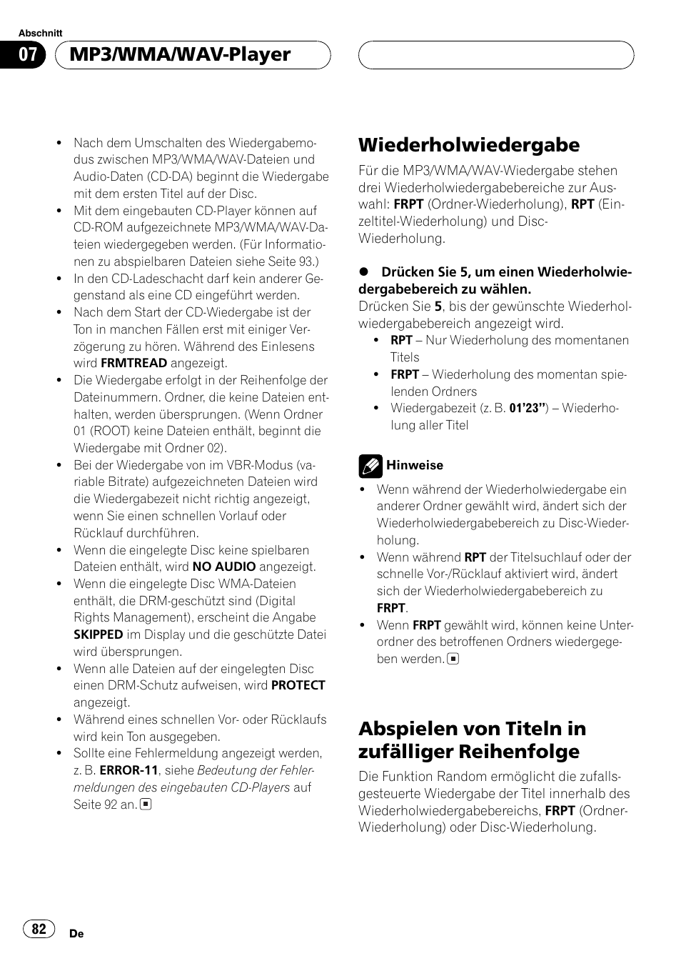 Wiederholwiedergabe 82, Abspielen von titeln in zufälliger, Reihenfolge 82 | Wiederholwiedergabe, Abspielen von titeln in zufälliger reihenfolge, Mp3/wma/wav-player | Pioneer DEH-4700MP User Manual | Page 82 / 100