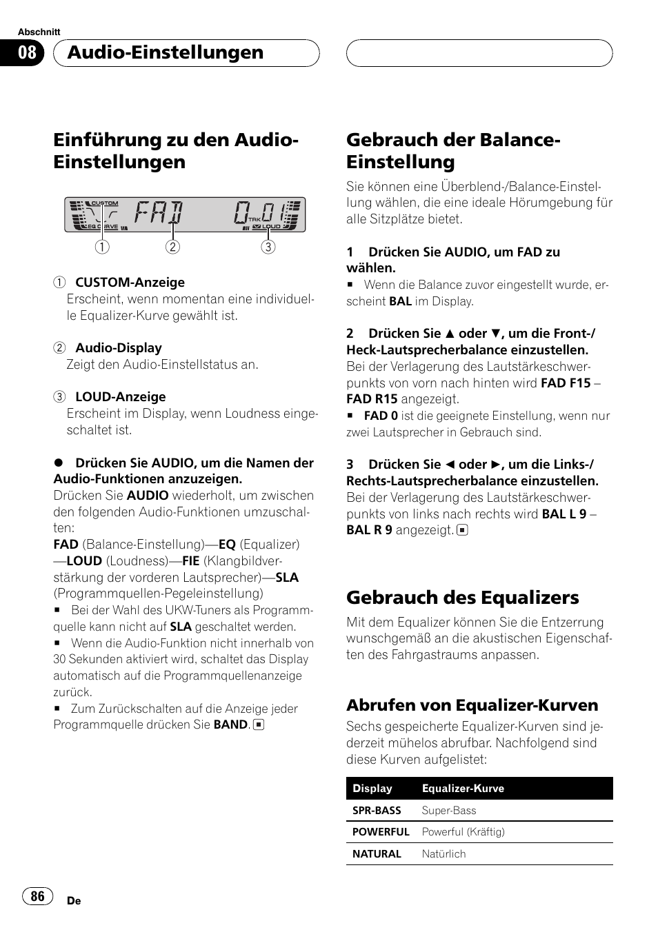 Audio-einstellungen, Einführung zu den audio-einstellungen 86, Gebrauch der balance-einstellung 86 | Gebrauch des equalizers 86, Abrufen von equalizer-kurven 86, Einführung zu den audio- einstellungen, Gebrauch der balance- einstellung, Gebrauch des equalizers, Abrufen von equalizer-kurven | Pioneer DEH-4700MP User Manual | Page 86 / 100