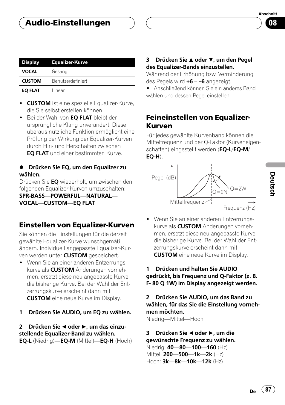 Einstellen von equalizer-kurven 87, Feineinstellen von equalizer, Kurven 87 | Audio-einstellungen, Einstellen von equalizer-kurven, Feineinstellen von equalizer- kurven | Pioneer DEH-4700MP User Manual | Page 87 / 100