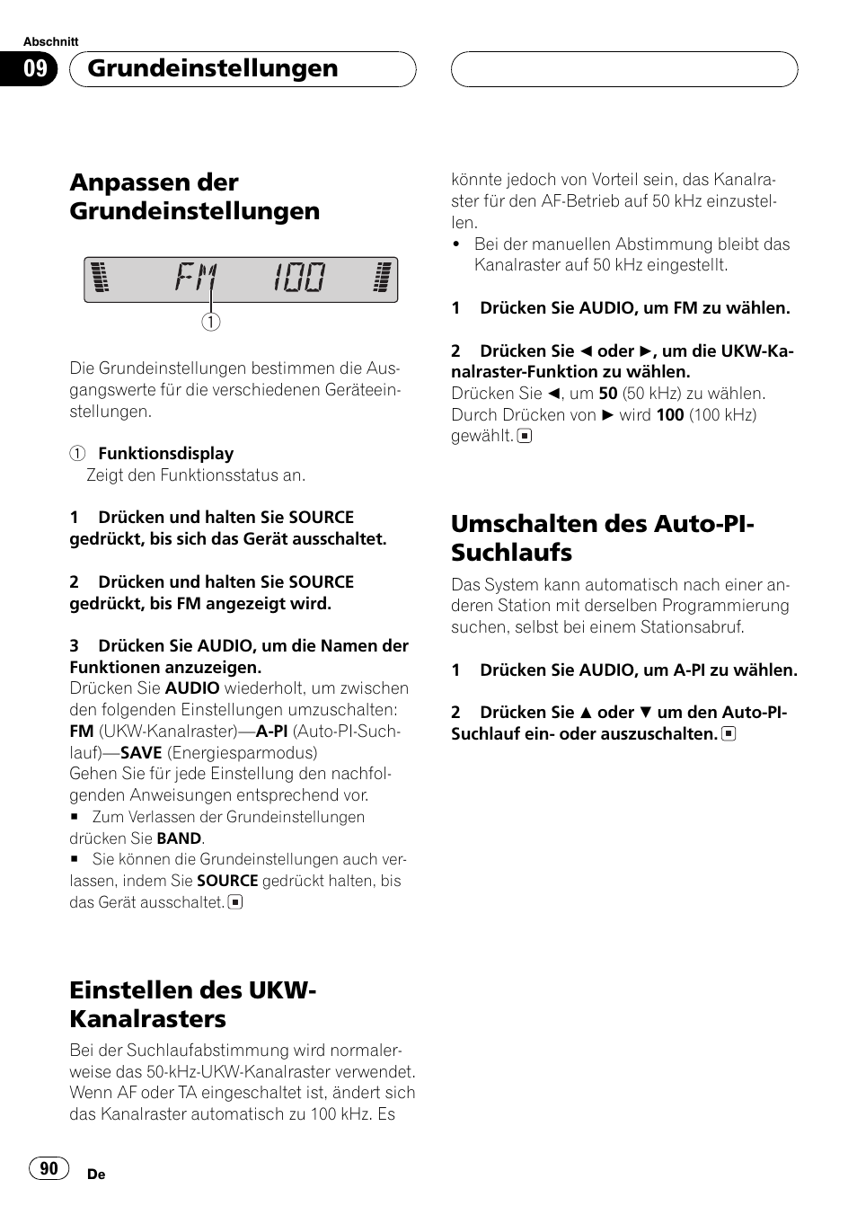 Grundeinstellungen, Anpassen der grundeinstellungen 90, Einstellen des ukw-kanalrasters 90 | Umschalten des auto-pi-suchlaufs 90, Anpassen der grundeinstellungen, Einstellen des ukw- kanalrasters, Umschalten des auto-pi- suchlaufs | Pioneer DEH-4700MP User Manual | Page 90 / 100