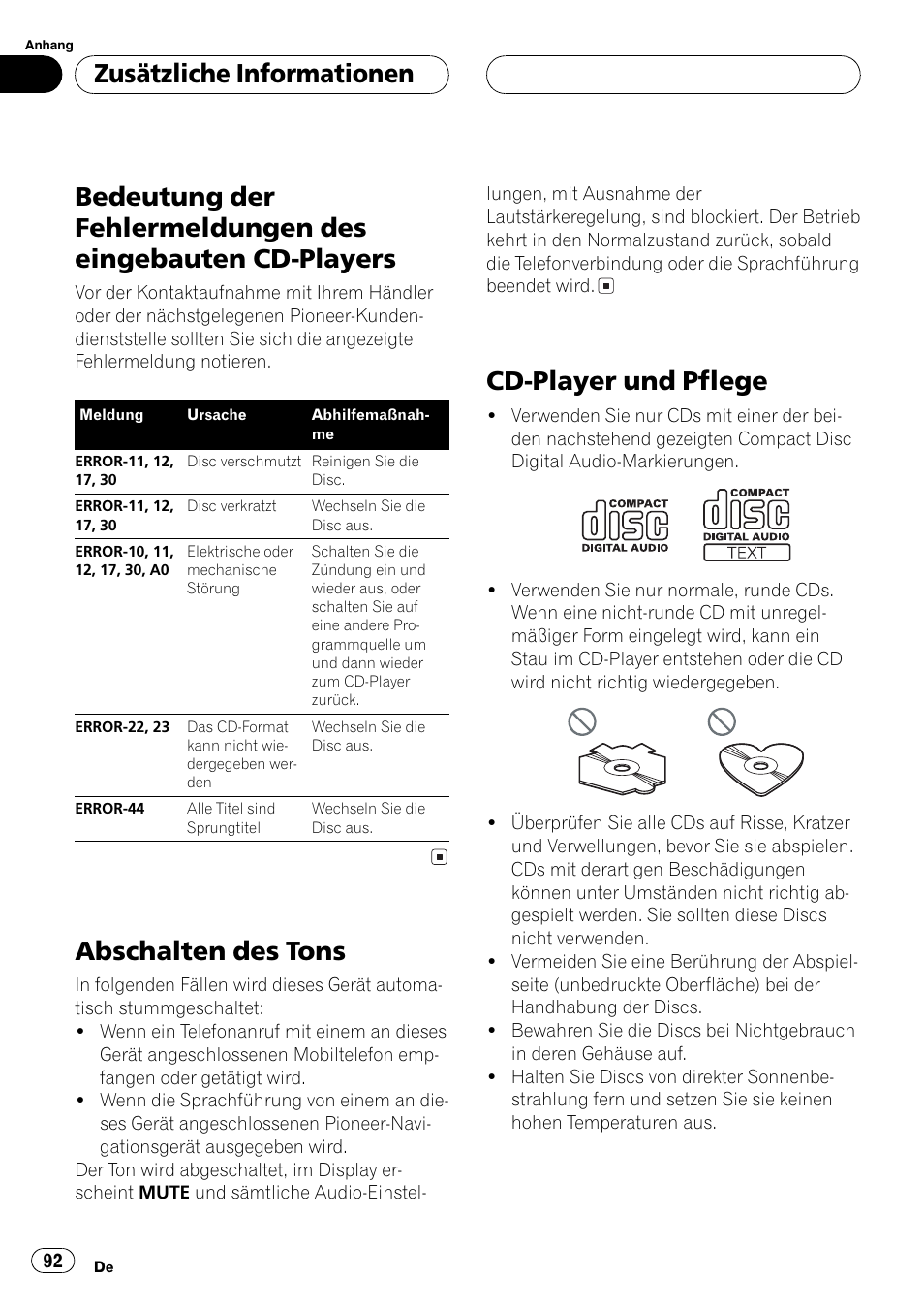 Zusätzliche informationen, Bedeutung der fehlermeldungen des, Eingebauten cd-players 92 | Abschalten des tons 92, Cd-player und pflege 92, Abschalten des tons, Cd-player und pflege | Pioneer DEH-4700MP User Manual | Page 92 / 100