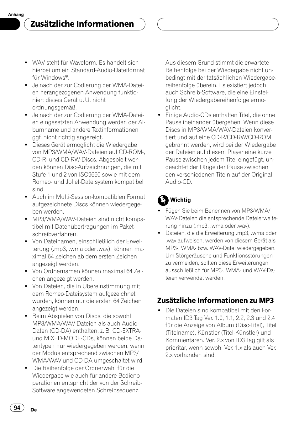 Zusätzliche informationen zu, Mp3 94, Zusätzliche informationen | Zusätzliche informationen zu mp3 | Pioneer DEH-4700MP User Manual | Page 94 / 100