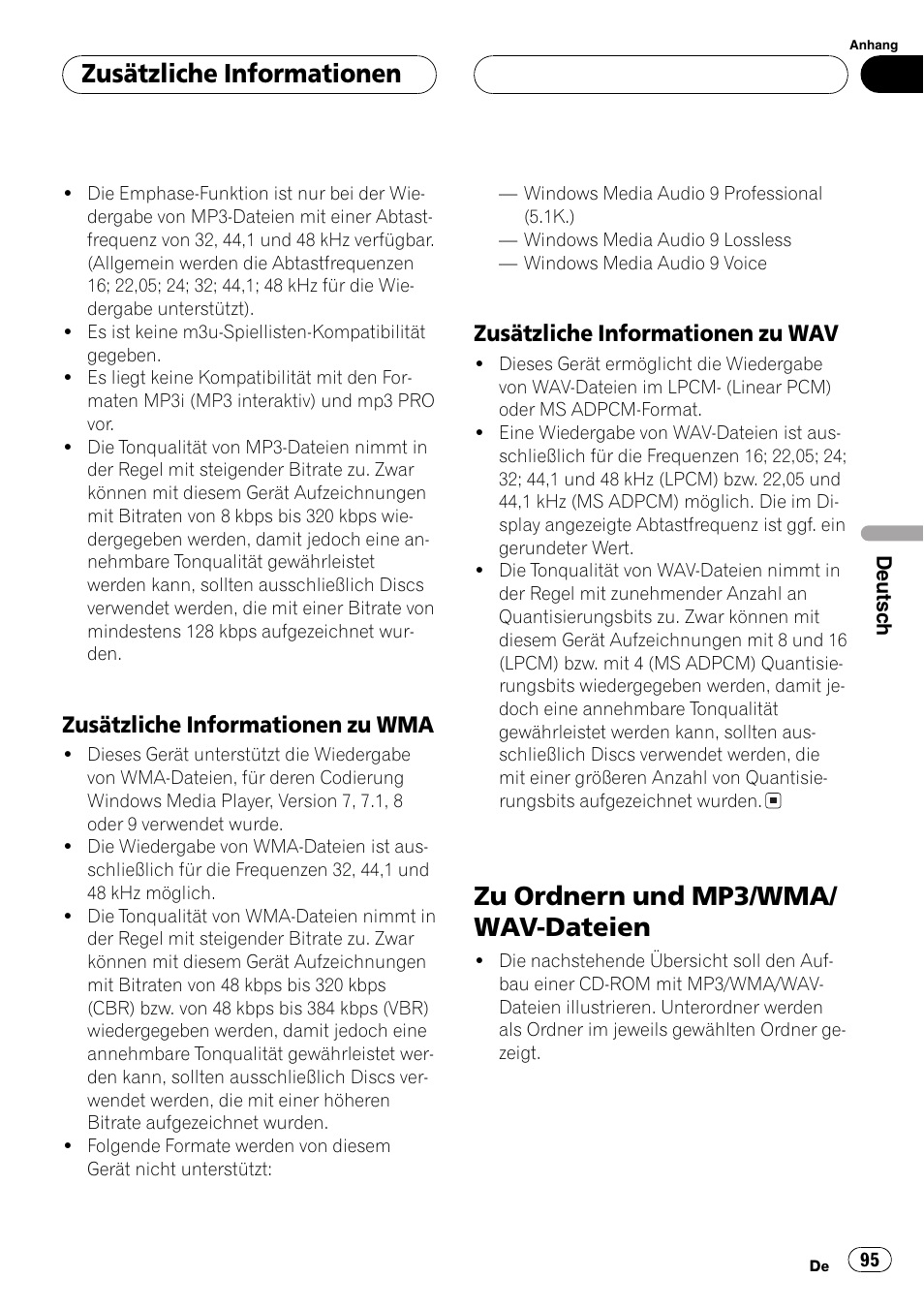 Zusätzliche informationen zu, Wma 95, Wav 95 | Zu ordnern und mp3/wma/wav, Dateien 95, Zu ordnern und mp3/wma/ wav-dateien, Zusätzliche informationen, Zusätzliche informationen zu wma, Zusätzliche informationen zu wav | Pioneer DEH-4700MP User Manual | Page 95 / 100