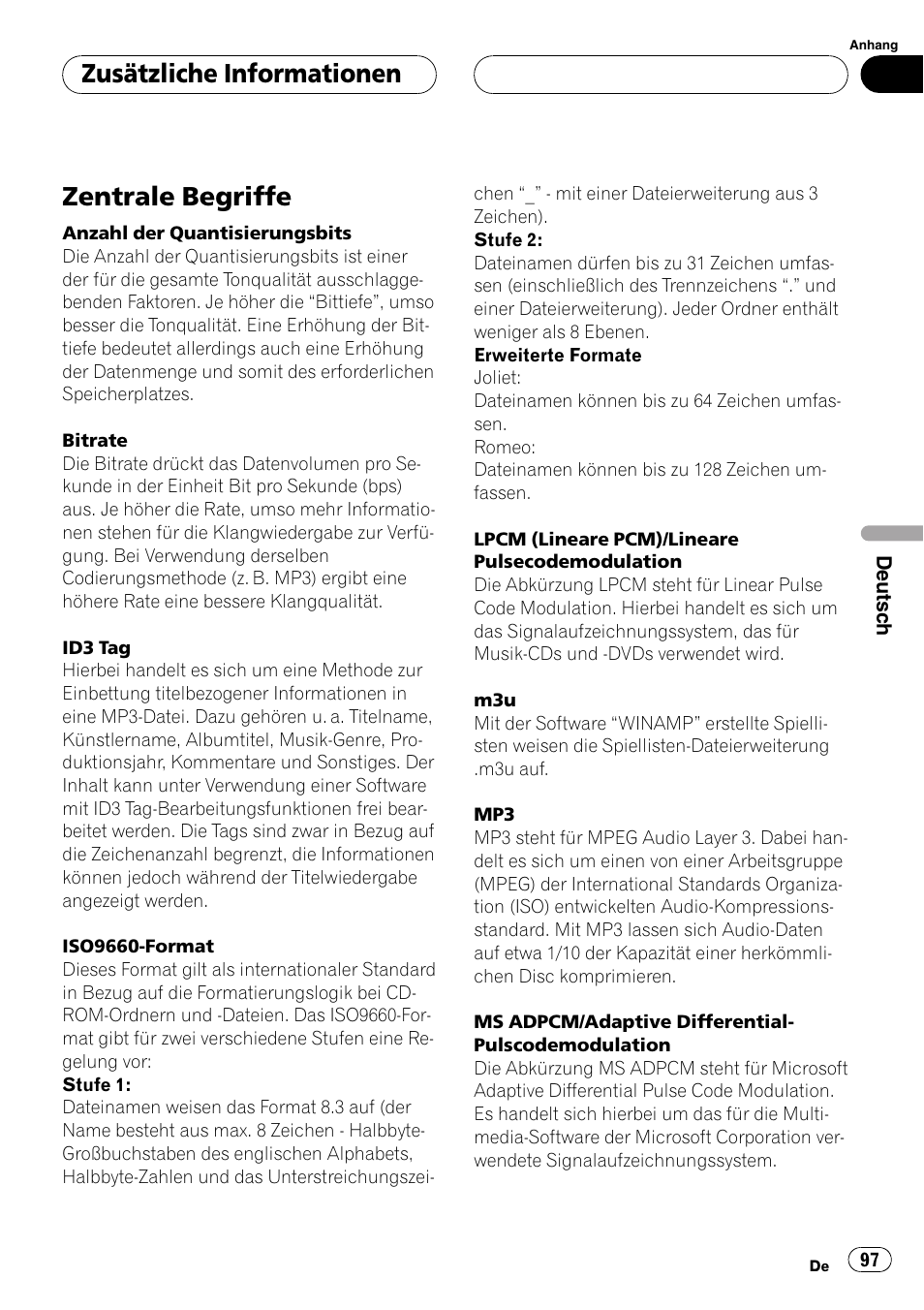 Zentrale begriffe 97, Zentrale begriffe, Zusätzliche informationen | Pioneer DEH-4700MP User Manual | Page 97 / 100