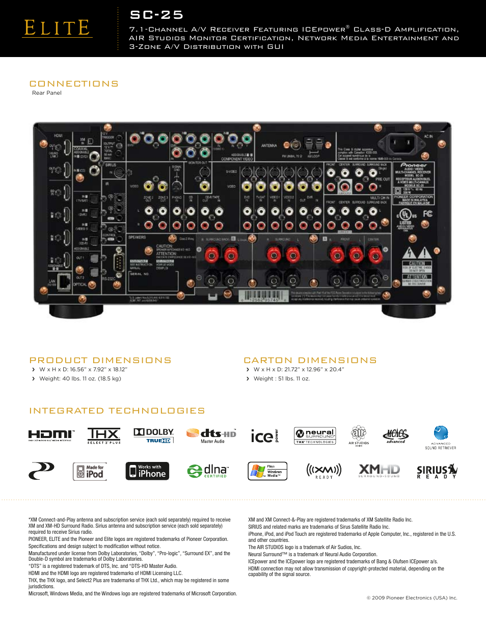 Sc-25, Connections, Integrated technologies product dimensions | Carton dimensions, Channel a/v receiver featuring icepower | Pioneer Elite SC-25 User Manual | Page 2 / 2