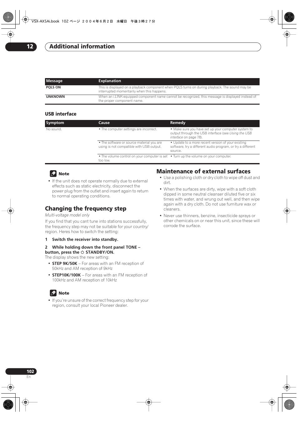 Usb interface, Changing the frequency step, Maintenance of external surfaces | Additional information 12 | Pioneer VSX-AX5Ai-G User Manual | Page 102 / 108