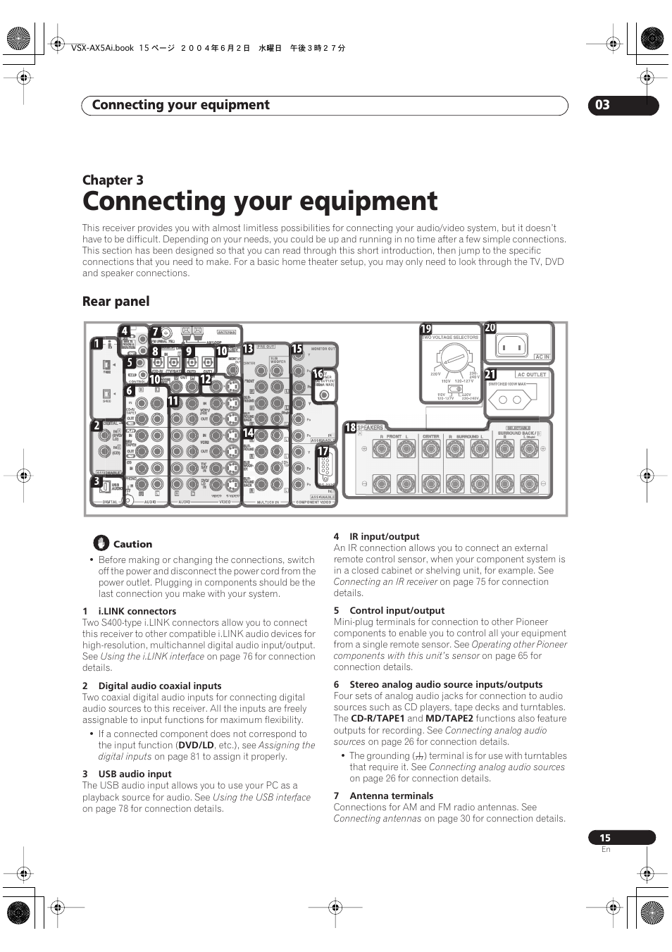 03 connecting your equipment, Rear panel, Connecting your equipment | Connecting your equipment 03, Chapter 3 | Pioneer VSX-AX5Ai-G User Manual | Page 15 / 108