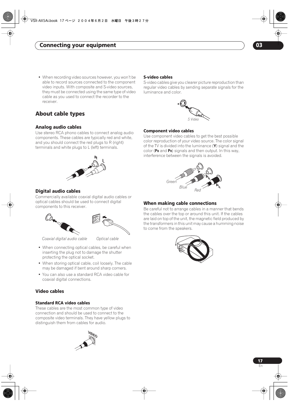 About cable types, Analog audio cables, Digital audio cables | Video cables, When making cable connections, Connecting your equipment 03 | Pioneer VSX-AX5Ai-G User Manual | Page 17 / 108