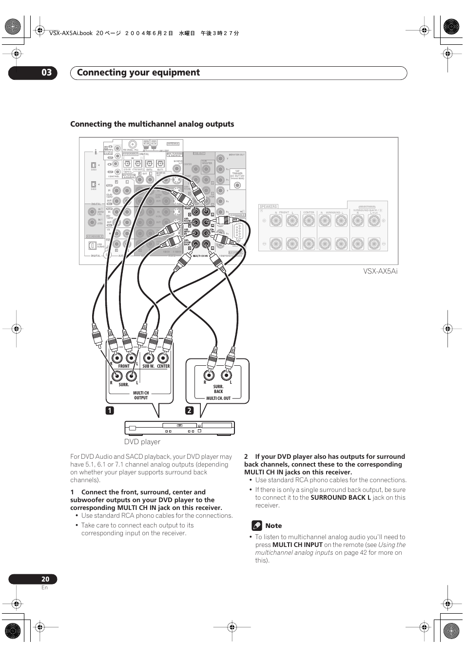 Connecting the multichannel analog outputs, Connecting your equipment 03 | Pioneer VSX-AX5Ai-G User Manual | Page 20 / 108