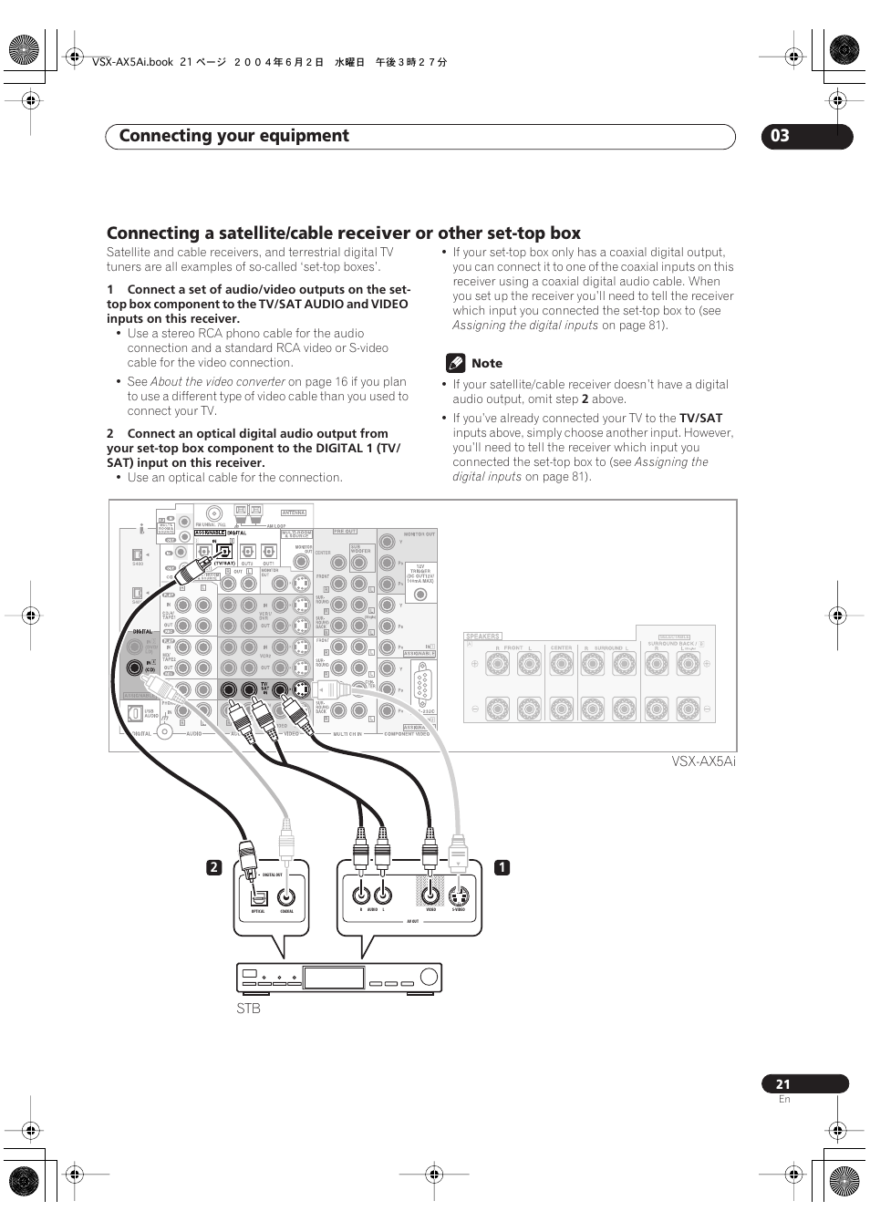 Connecting your equipment 03, Connecting a satellite/cable receiver, Or other set-top box | Pioneer VSX-AX5Ai-G User Manual | Page 21 / 108