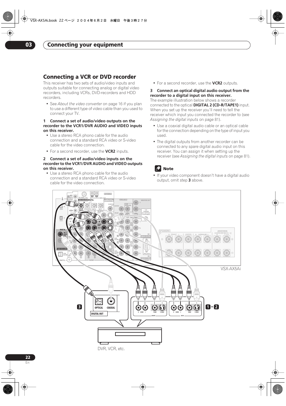 Connecting a vcr or dvd recorder, Connecting your equipment 03 | Pioneer VSX-AX5Ai-G User Manual | Page 22 / 108
