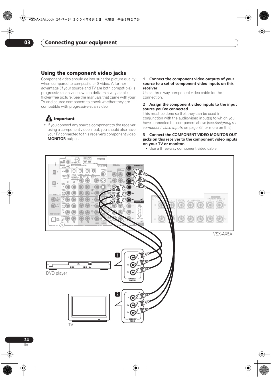 Using the component video jacks, Connecting your equipment 03 | Pioneer VSX-AX5Ai-G User Manual | Page 24 / 108
