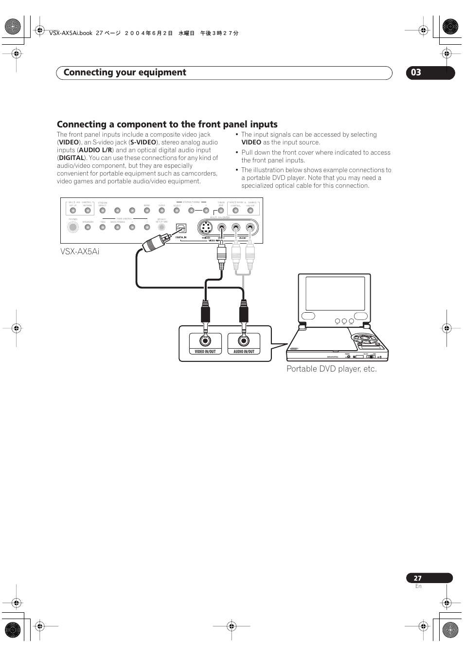 Connecting a component to the front panel inputs, Connecting your equipment 03, Vsx-ax5ai | Portable dvd player, etc | Pioneer VSX-AX5Ai-G User Manual | Page 27 / 108
