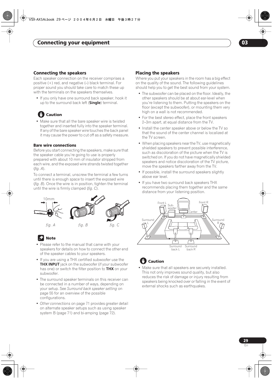 Connecting the speakers, Placing the speakers, Connecting your equipment 03 | Pioneer VSX-AX5Ai-G User Manual | Page 29 / 108