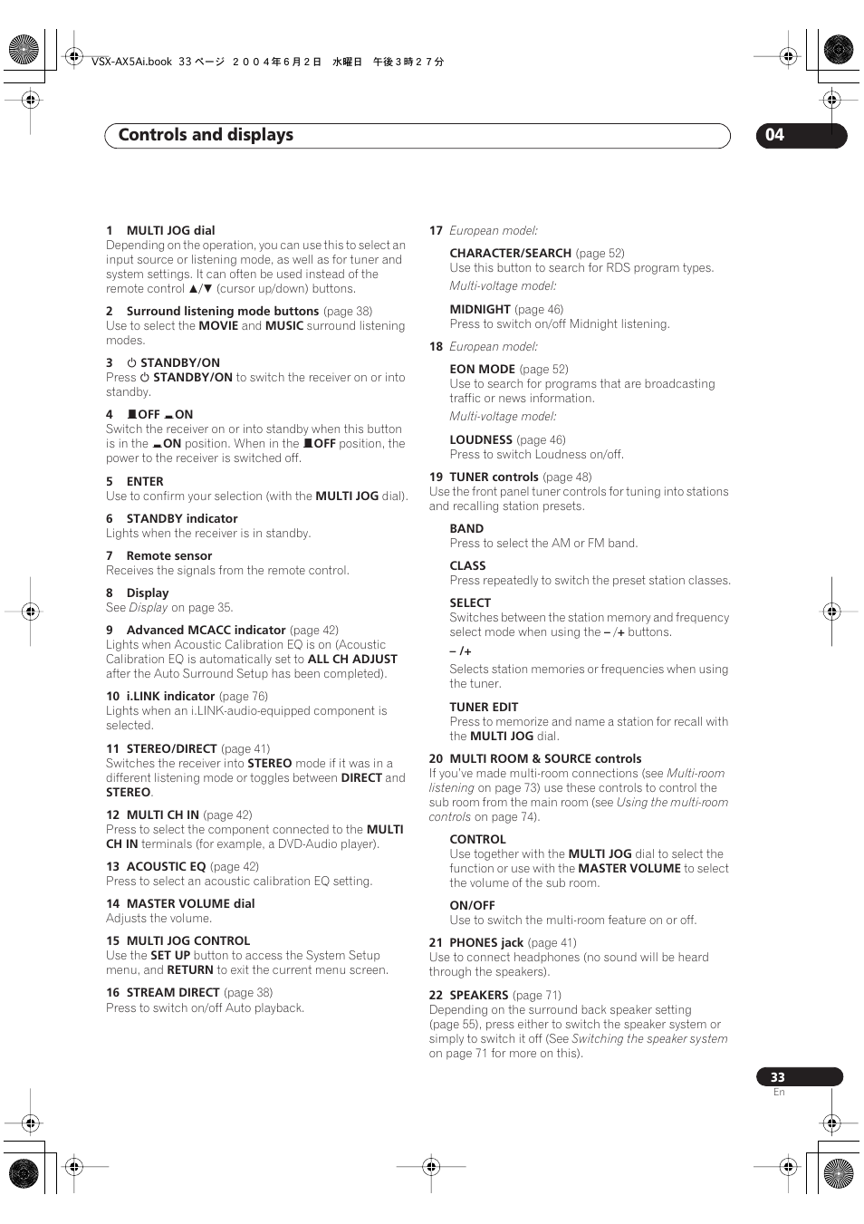 Controls and displays 04 | Pioneer VSX-AX5Ai-G User Manual | Page 33 / 108