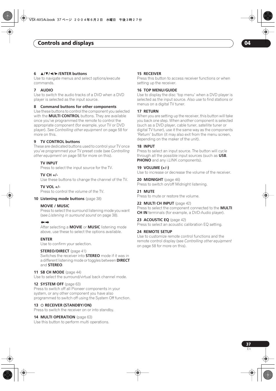 Controls and displays 04 | Pioneer VSX-AX5Ai-G User Manual | Page 37 / 108