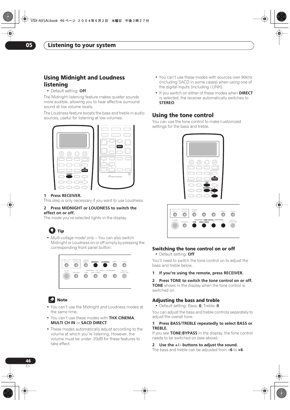 Using midnight and loudness listening, Using the tone control, Switching the tone control on or off | Adjusting the bass and treble, Listening to your system 05 | Pioneer VSX-AX5Ai-G User Manual | Page 46 / 108
