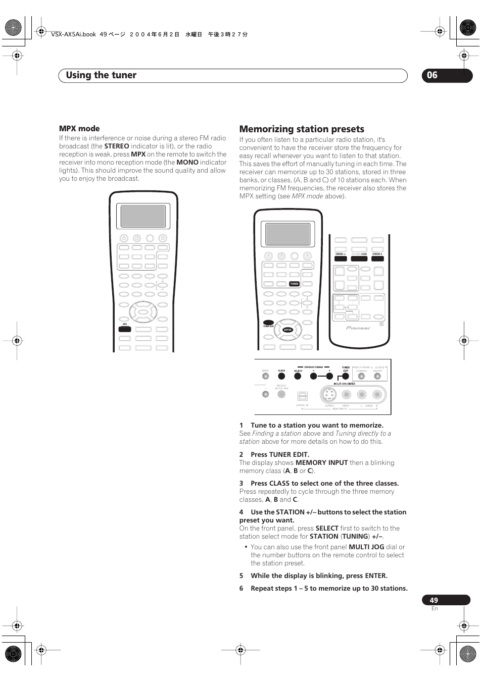 Mpx mode, Memorizing station presets, Using the tuner 06 | Pioneer VSX-AX5Ai-G User Manual | Page 49 / 108