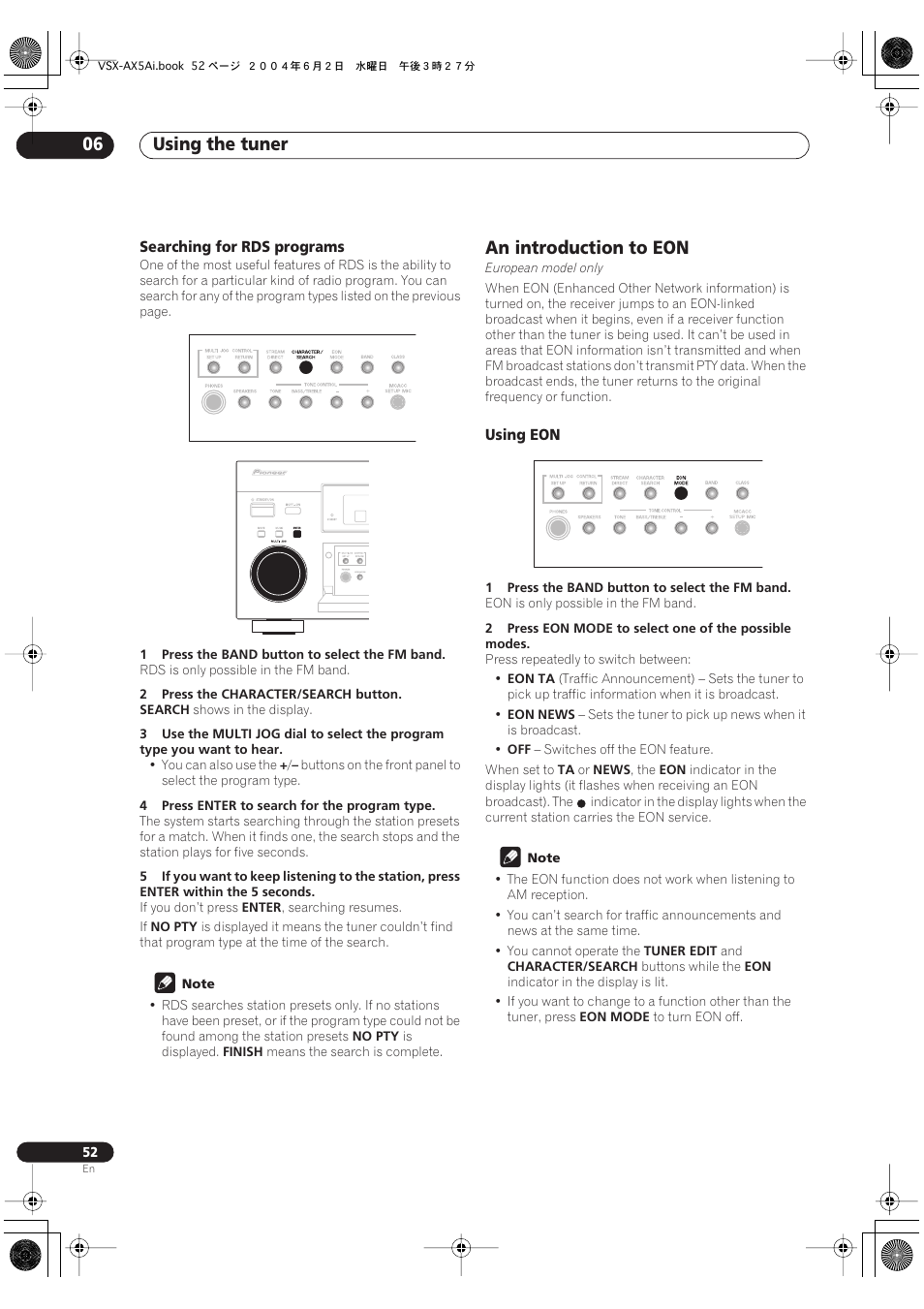 Searching for rds programs, An introduction to eon, Using eon | Using the tuner 06 | Pioneer VSX-AX5Ai-G User Manual | Page 52 / 108
