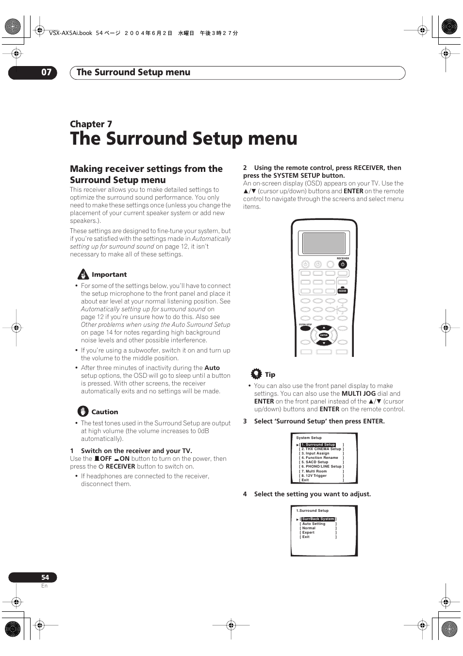 07 the surround setup menu, The surround setup menu, The surround setup menu 07 | Chapter 7, Making receiver, Settings from the surround setup menu | Pioneer VSX-AX5Ai-G User Manual | Page 54 / 108