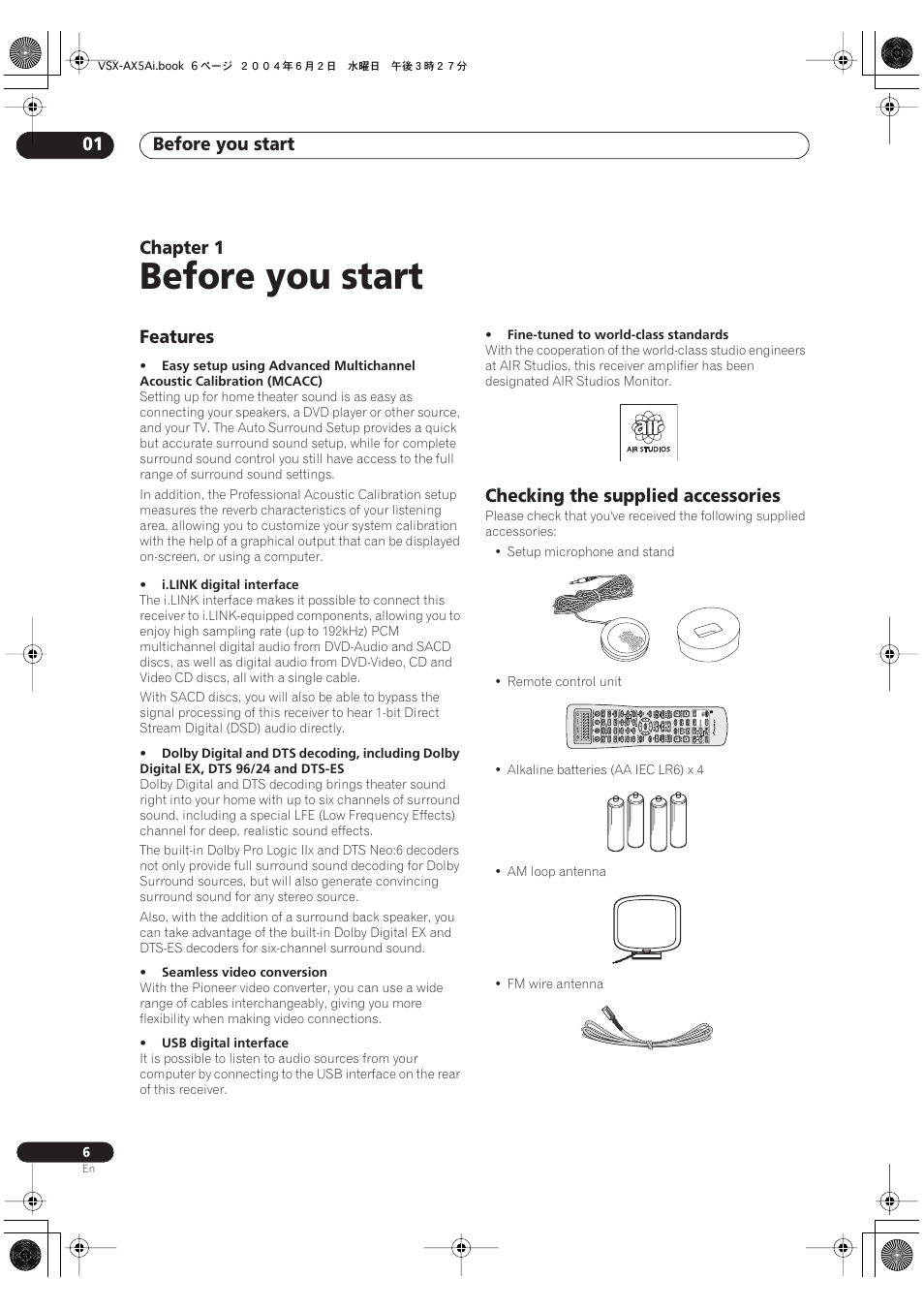 01 before you start, Features, Checking the supplied accessories | Before you start, Before you start 01, Chapter 1 | Pioneer VSX-AX5Ai-G User Manual | Page 6 / 108