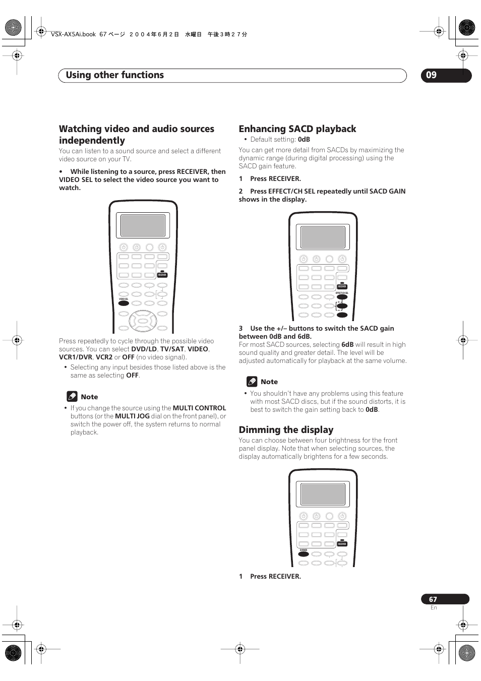 Watching video and audio sources independently, Enhancing sacd playback, Dimming the display | Using other functions 09 | Pioneer VSX-AX5Ai-G User Manual | Page 67 / 108